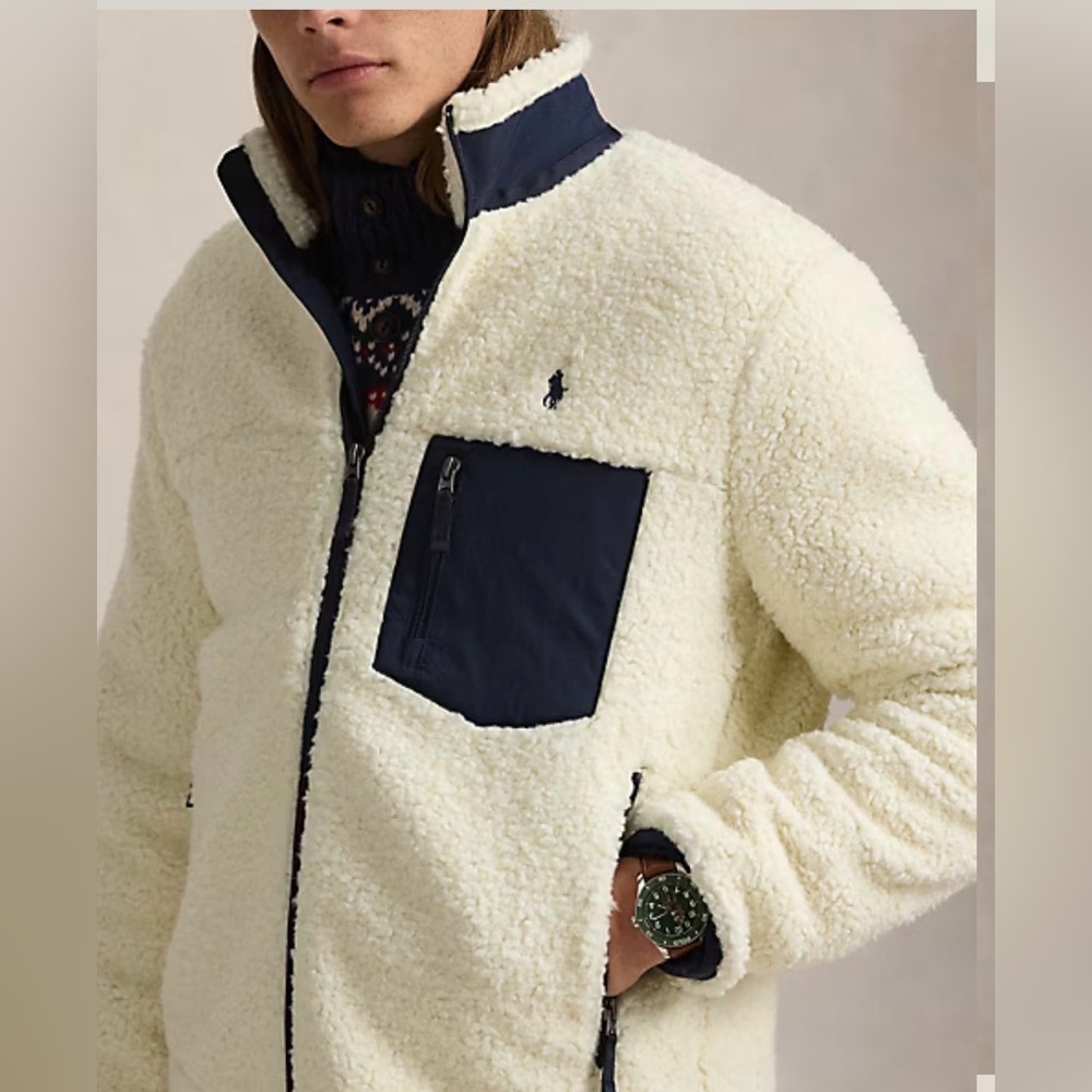 Ralph Lauren Men's Cream and Navy Pile Fleece Hybrid Jacket - Picture 2 of 13